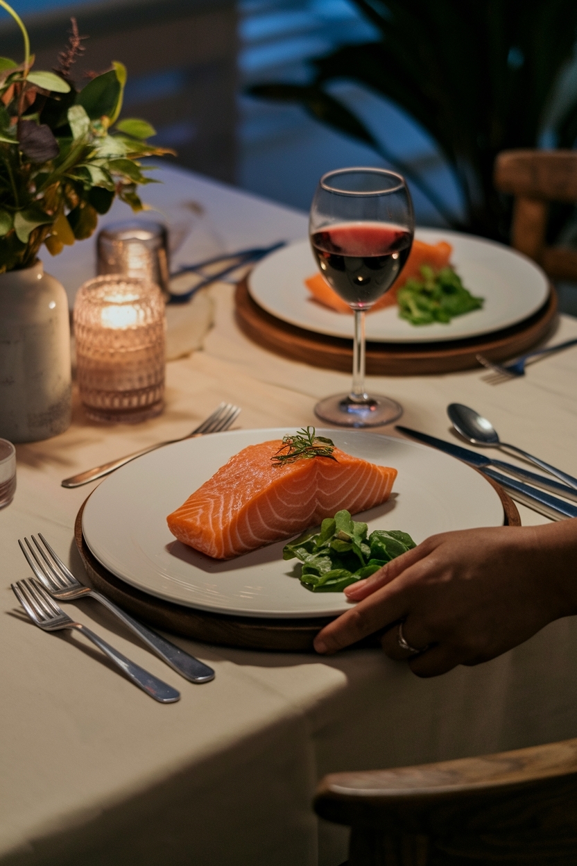 lifestyle scene of salmon dinner