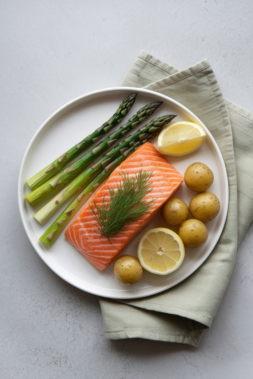 top down flat lay of salmon dinner plate