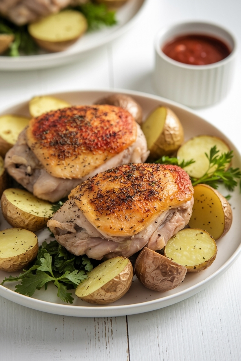 herb roasted chicken thighs with potatoes