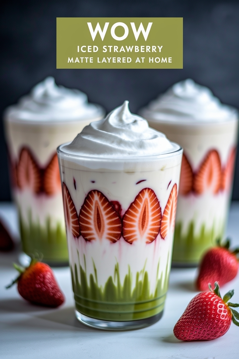 iced strawberry matcha latte layered at home