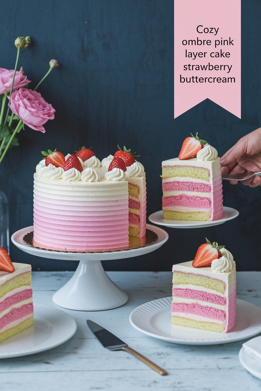 ombre pink layer cake strawberry buttercream