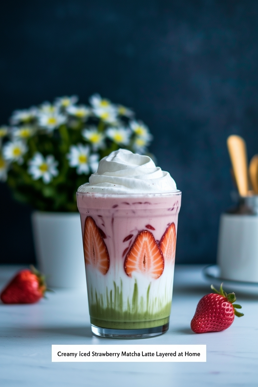 iced strawberry matcha latte layered at home