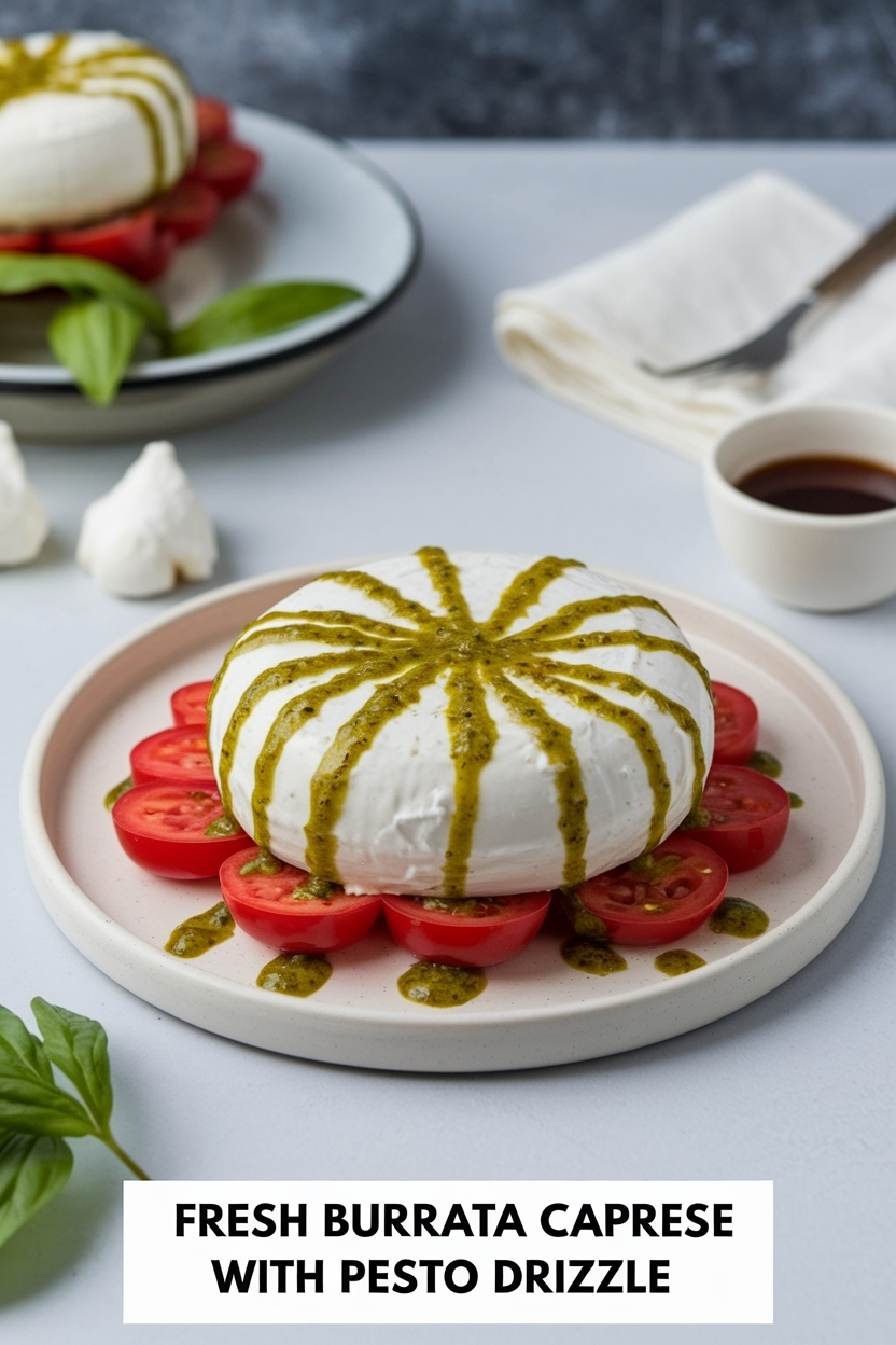 burrata caprese with pesto drizzle