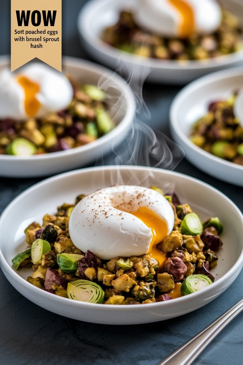 soft poached eggs with brussel sprout hash