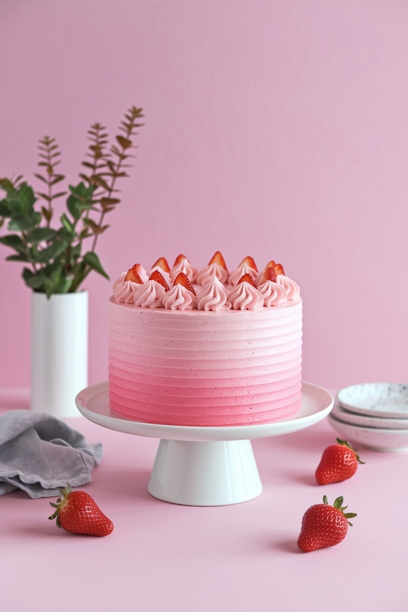 ombre pink layer cake strawberry buttercream