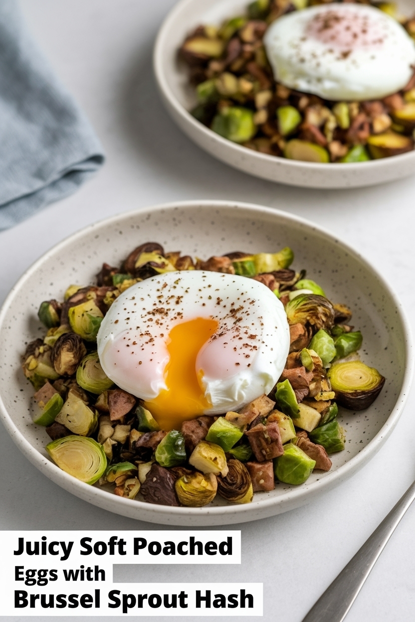 soft poached eggs with brussel sprout hash