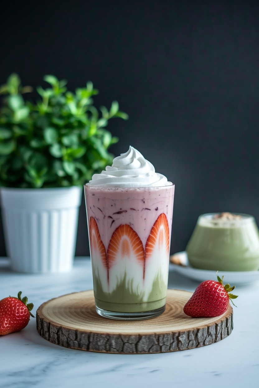iced strawberry matcha latte layered at home