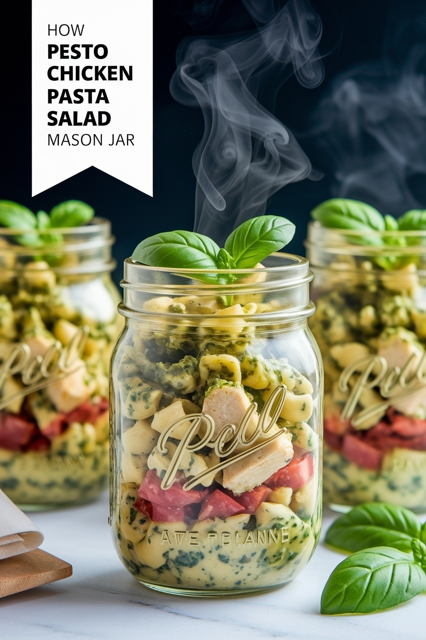 pesto chicken pasta salad mason jar