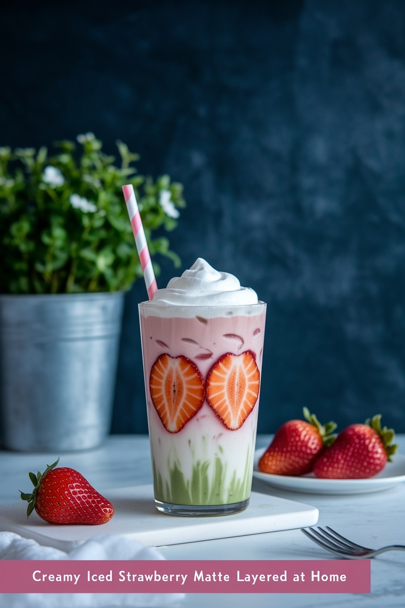 iced strawberry matcha latte layered at home