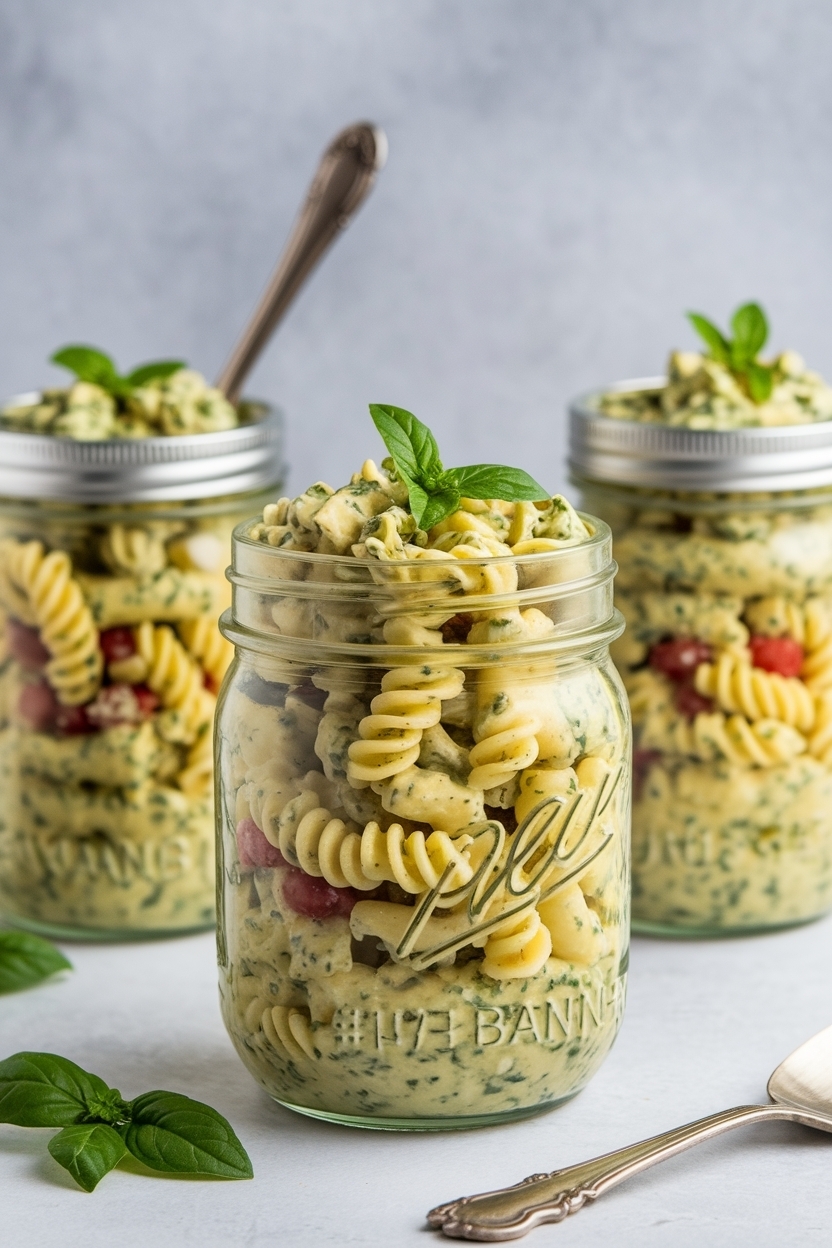 pesto chicken pasta salad mason jar