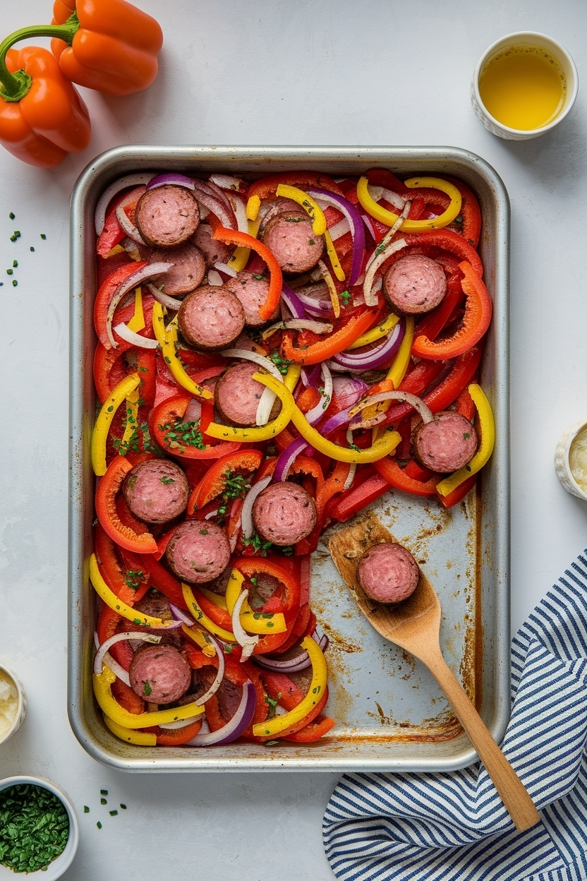 sheet pan kielbasa peppers onions
